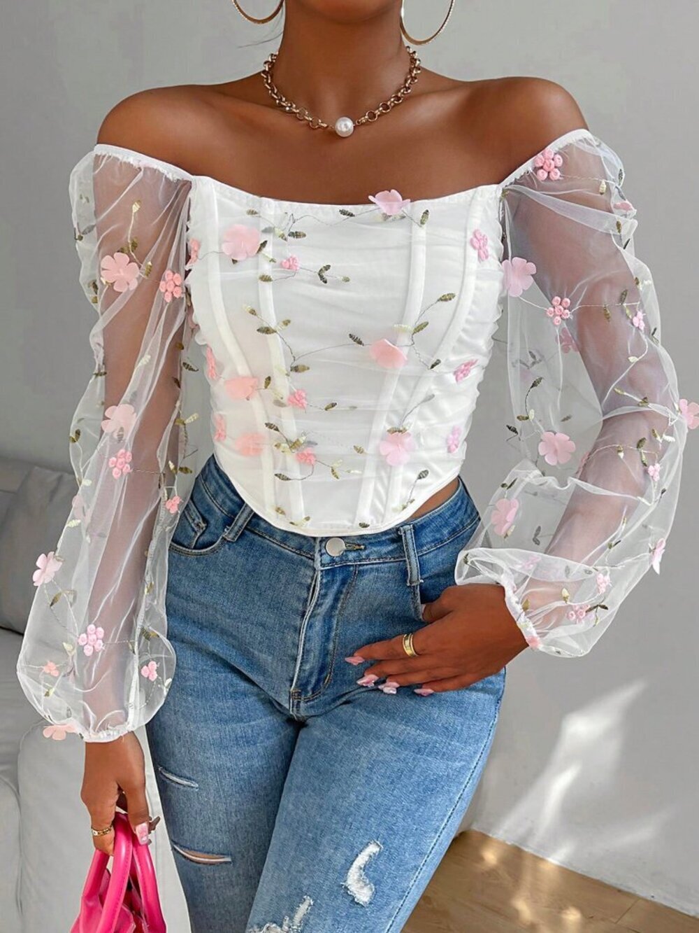 White Boho Women's Floral Backless Puff Sleeves Top